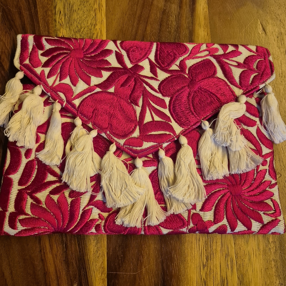 Floral Embroidered Clutch with Tassels - Pink and Cream